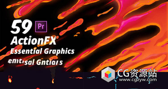 Premiere预设-59组MG动画卡通元素火焰烟雾水流爆炸能量电流
