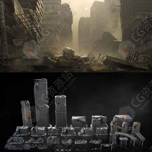倒塌楼房建筑废墟场景3D模型 C4D/Blender/FBX/OBJ/Maya/UE格式-图片1