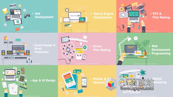 AE模板-创意扁平化商务办公桌MG动画片头+Premiere预设