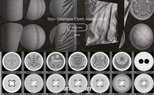 150组布料扣子深度置换贴图素材 Flippednormals – 150+ Ultimate Cloth Alpha Pack