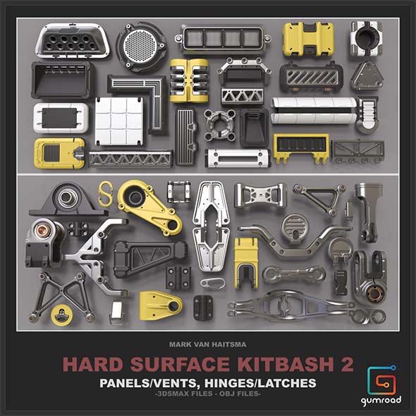 380多件面板通风口铰链零件硬面3D模型Gumroad – Hard Surface Kitbash Library 2