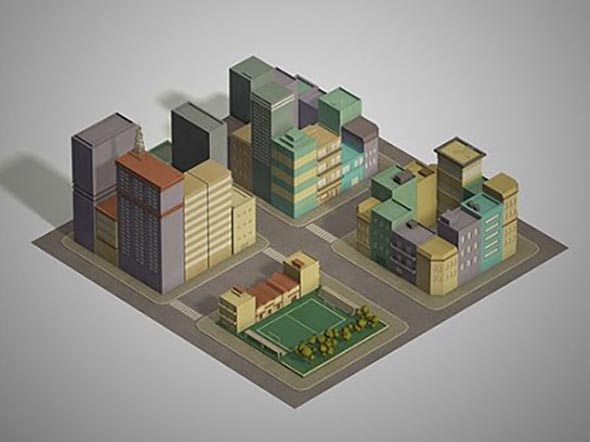 城市街区楼房低多边形3D模型 Cubebrush – LowPoly Pack of 4 City Blocks
