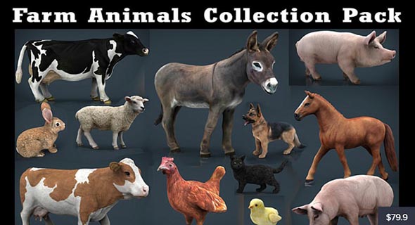 家禽动物奶牛/猪/兔子/驴3D模型 Cubebrush – Farm Animals Collection Pack