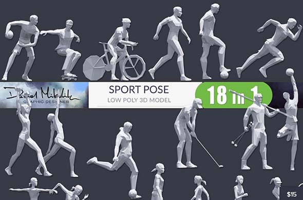 18个低多边形人物运动姿势模型