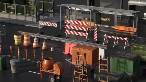 C4D/E3D模型包城市街边设施街边围栏/地铁入口/灯柱/公路隔板集合