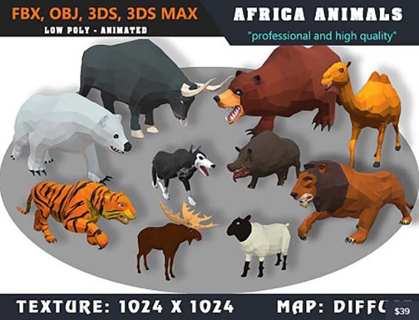 老虎/骆驼/熊低多边形卡通动物模型动画合集 – 02