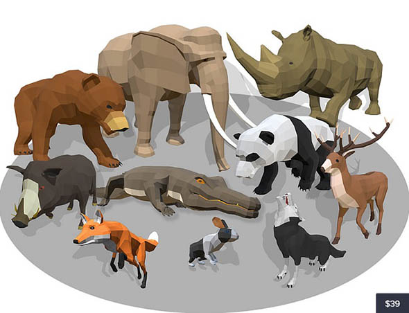 熊猫/犀牛/大象低多边形卡通动物模型动画合集 – 01