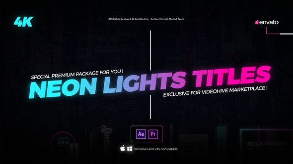 AE模板+PR预设4K霓虹灯文字标题字幕动画Neon Lights Titles 4K