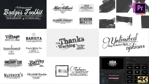 PR预设-70个污迹复古婚礼排版标题徽章笔刷过渡工具包-图片1