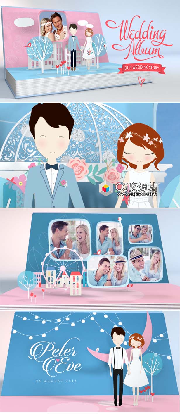 AE模板-立体书翻页浪漫爱情婚礼相册照片开场片头+背景音乐-图片2
