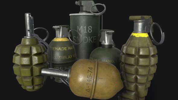 手雷手榴弹烟雾弹低多边形3D模型 CGTrader – Grenades Pack Low-poly 3D model