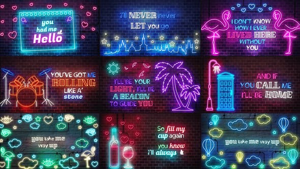 霓虹灯歌词文字动画 AE模板-Neon Lyrics Template