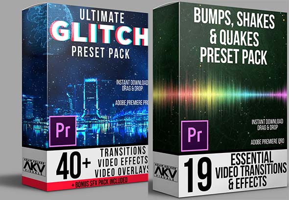 Premiere预设-两套59个信号损坏颠簸震动快闪视频转场预设包