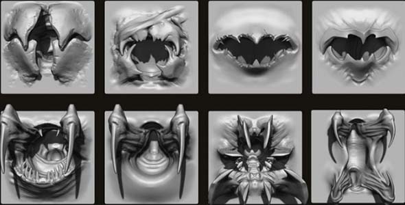 异形生物嘴巴ZBrush笔刷模型 FlippedNormals – MOUTHS – 40 ZBrush VDMs + 5 bonus variations