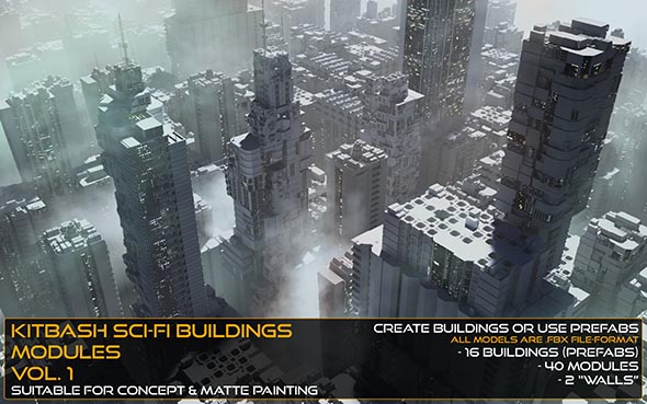 未来科幻建筑楼房3D模型 Kitbash Sci-fi Buildings & Modules Vol.1