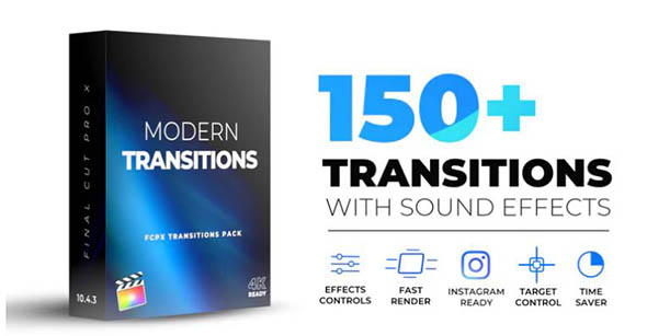 FCPX插件-150个4K现代动感视频转场预设+35个转场音效