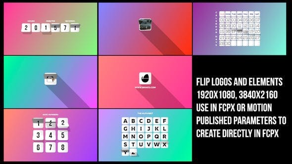 FCPX插件-扁平化翻转文字Logo日历时间动画 Flip Logos Elements