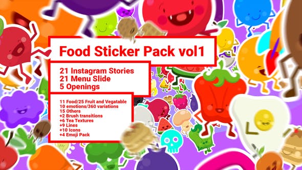 AE模板-表情符号水果食物贴纸包装宣传片头 Food Sticker Pack