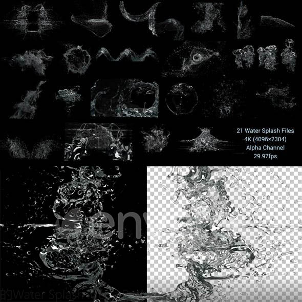 58个4K飞溅瀑布波浪喷泉水滴水花高清视频素材带透明通道