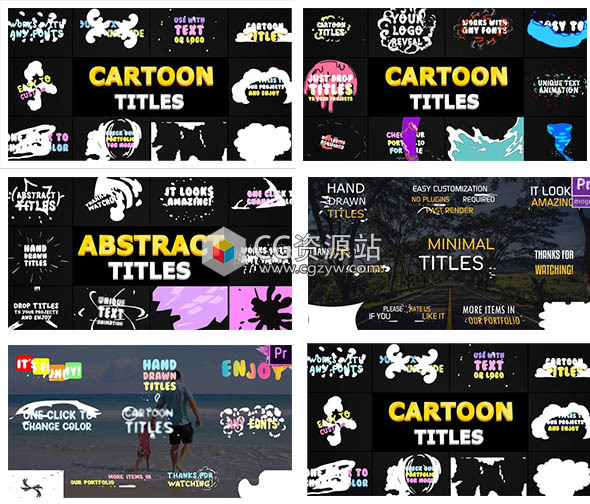PR预设-5套2D卡通烟雾流体图形彩色涂鸦手绘元素文字标题转场预设动画