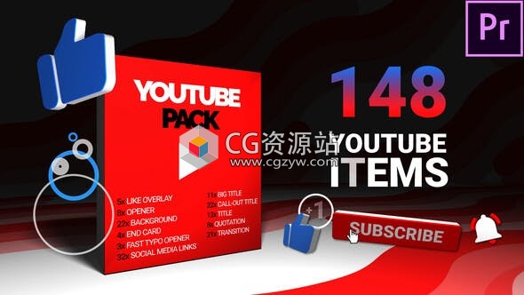 PR预设-148个网络视频宣传图形转场订阅按钮文字标题工具包