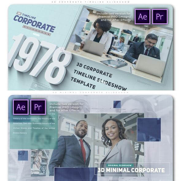 AE模板+PR预设-两套现代企业时间线年份标识视频介绍宣传