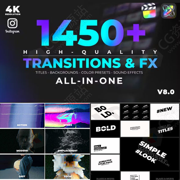 FCPX插件-1450组VHS故障分割图形水墨光效无缝转场特效调色标题动画 更新V8-图片1