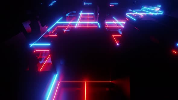 VJ素材动态抽象立方体霓虹城网格光线背景4K视频素材