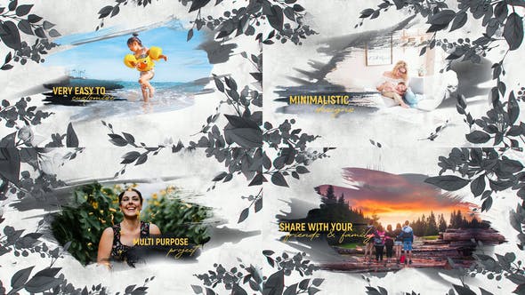 AE模板-水墨水彩幻灯片花卉笔刷遮罩照片回忆片头