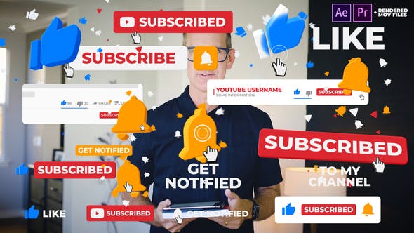 AE模板+PR预设-10种独特提醒网络视频点赞订阅图形动画