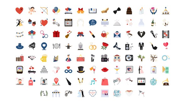 AE模板-100个婚礼图标动画MG图形 100 Wedding Icons