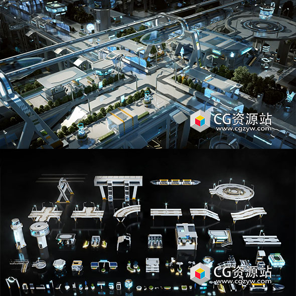 未来科幻城市街道建筑3D模型 C4D/MAX/FBX/OBJ/Maya/Blender/UE/Unity-图片1