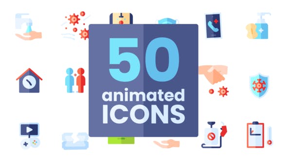 AE模板-50个扁平化设计医疗检疫图标动画