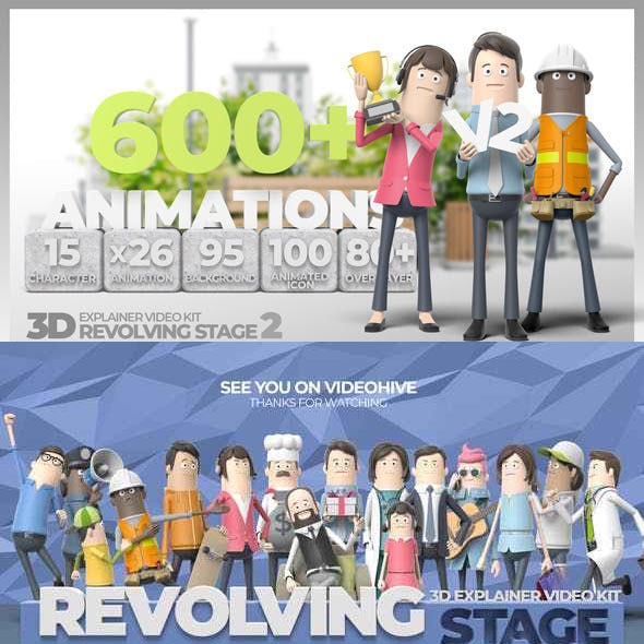 AE模板-两套MG动画卡通三维人物角色场景背景元素介绍片头