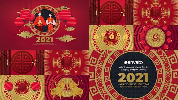 AE模板-2021新年快乐剪纸风格过年喜庆开场片头