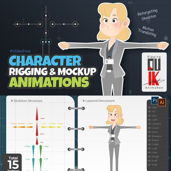 AE模板-二维卡通MG人物角色骨骼绑定Duik映射动作动画