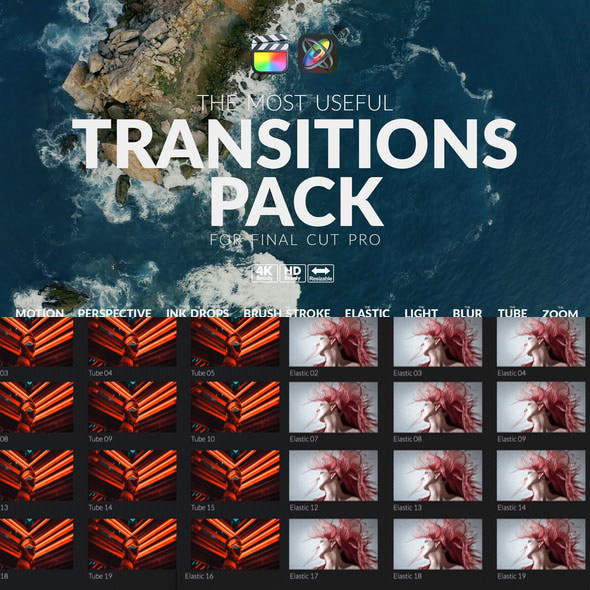FCPX插件-200组镜头推拉冲击扭曲信号损坏旋转无缝视频转场预设