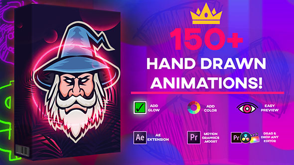 AE脚本+PR预设-150个手绘涂鸦图形动画包+视频素材