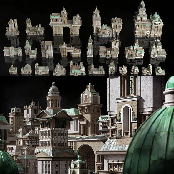 历史古典幻想城市楼房建筑3D模型 C4D/FBX/OBJ/MAX/Maya/Blender等-图片1