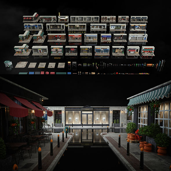 城市餐厅酒店银行杂货店剧院门市等建筑外观3D模型-图片1