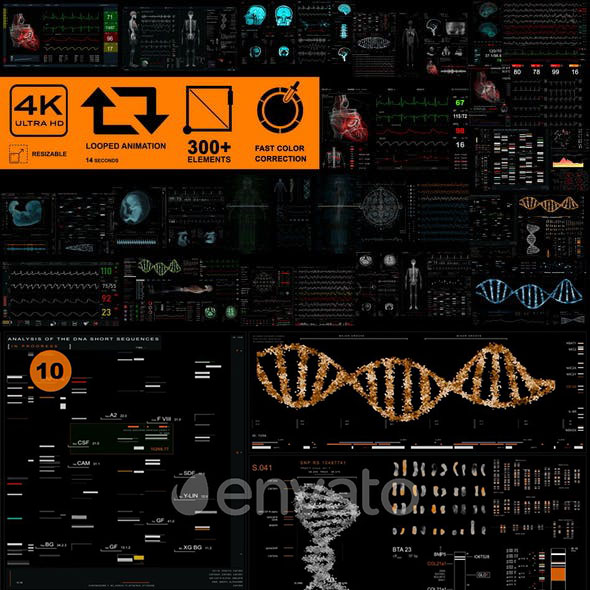 AE模板-300+科技感HUD医疗人体医学心电图DNA心脏科幻元素UI动画工具包