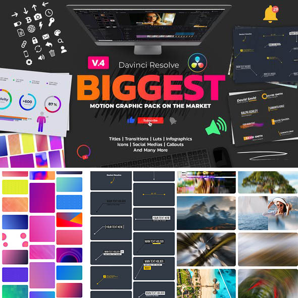达芬奇插件-1000+动态图形包文字标题字幕背景视频无缝转场调色特效预设V3