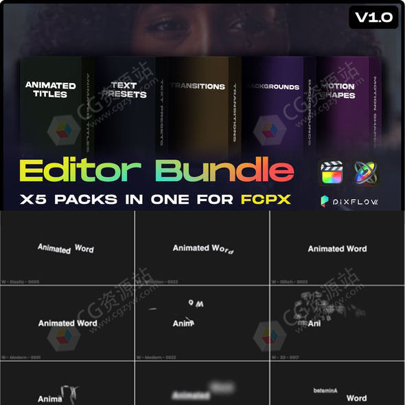 FCPX插件-文字动画预设图形信号损害转场背景动画工具包-图片1