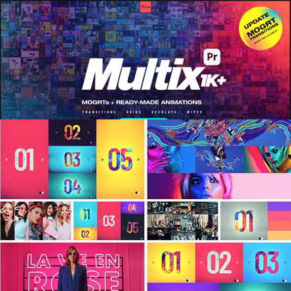 AE脚本+PR预设-1000+时尚过渡视频分屏叠加擦拭效果预设 Multix