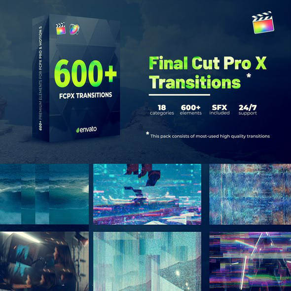 FCPX插件-600+水墨冲击模糊旋转切割无缝视频转场音效预设