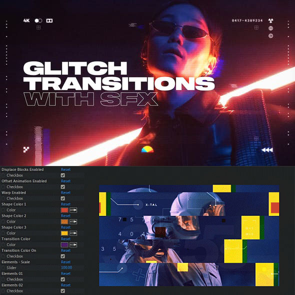 AE+PR脚本-500种科技感信号损坏VHS倒带色散抖动视频转场 Glitch Transitions