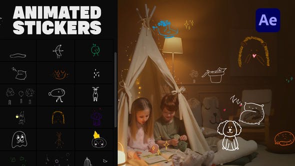 AE模板-手绘卡通可爱儿童可爱贴纸元素动画 Cartoon Lyric Stroke Animations