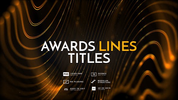 AE模板-时尚活动电影婚礼开幕金色线条文字标题颁奖片头 Awards Lines Titles