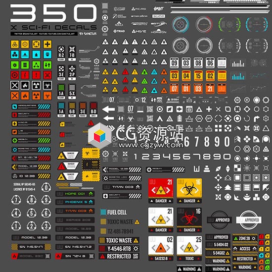 Blender科幻元素指示贴纸素材包 Gumroad – 350 Sci-Fi decal pack