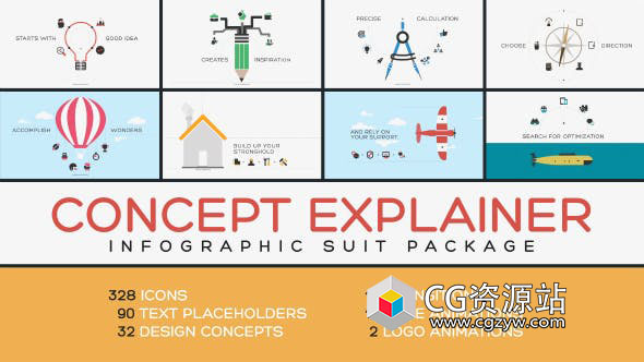 AE模板-扁平化概念图标标志过渡MG宣传片头 Concept Explainer